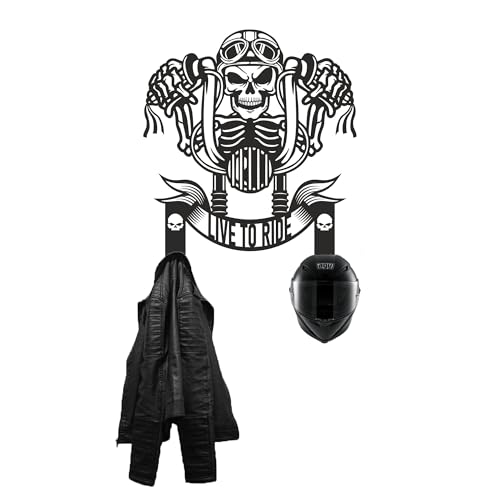 Handmade Metal Skull Wall Hanger – “Live To Ride” Motorcycle Helmet and Jacket Rack – Black Steel Wall Art for Garage, Man Cave, or Workshop Gift (79X89cm/31X40 Inches) - size: 79X89cm/31X40 Inches
