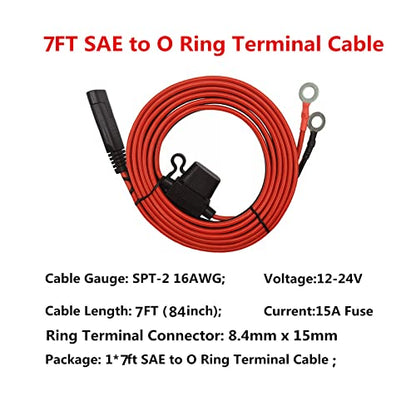 7ft SAE Plug to Battery Ring Terminal Harness Cable Solar Panel Cord Extension Adapter 12V 24V 2 Pin Quick Connect and Disconnect 16AWG Wire with Extra15A Fuse