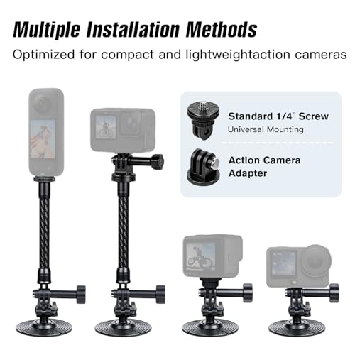 Geyo Flexible Adhesive Helmet Mount, Flat and Curved Action Camera Base | Carbon Fiber Arm, 1/4" Camera Base Adapter, Safety Rope, POV Angle, Compatible with Insta360, GoPro, DJI Action Cameras