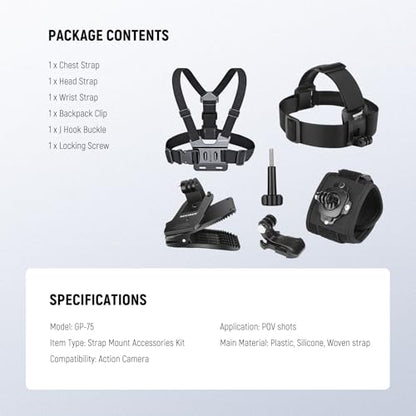 NEEWER Accessory Set Compatible with GoPro Hero Insta360 DJI AKASO Action Camera, Quick Change Head Strap Head Strap Holder, Chest Strap, Backpack Hat Clip Holder & 360° Wrist Strap for GP-75 - style: GP-75 Accessory