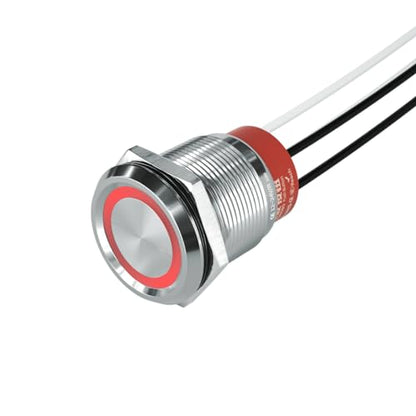 22mm Latching PushButton Switch, IP67 Waterproof Momentary/Latching Stainless Steel Flat Round Switch with Pre-Wired 20AWG, 10A 250VAC 5A 28VDC, 12V-24V LED Ring (Latching, Red) - color: Red