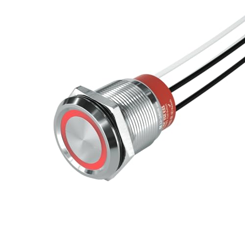 22mm Latching PushButton Switch, IP67 Waterproof Momentary/Latching Stainless Steel Flat Round Switch with Pre-Wired 20AWG, 10A 250VAC 5A 28VDC, 12V-24V LED Ring (Latching, Red) - color: Red