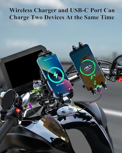 BRCOVAN Motorcycle Fork Stem Phone Mount with Wireless & USB-C Charger | Qi 15W & PD 36W, Anti-Theft Motorcycle Phone Holder with Vibration Dampener for 5.4''-7.2'' Cellphones
