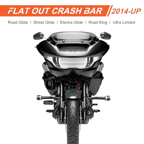 Engine Guard Flat Out Crash Bar for 2014-2025 Harley Touring Street Glide Road Glide Road King Electra Glide Ultra Models (Gloss Black w/Silver CNC) - color: Gloss Black w/Silver CNC