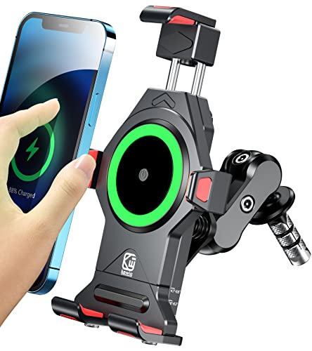 BRCOVAN Motorcycle Fork Stem Phone Mount with Qi 15W Wireless Charger & Vibration Dampener, Anti-Theft, Anti-Shake, Adjustable, Aluminum Alloy Motorcycle Cellphone Holder for 4.7-7.2'' Smartphone