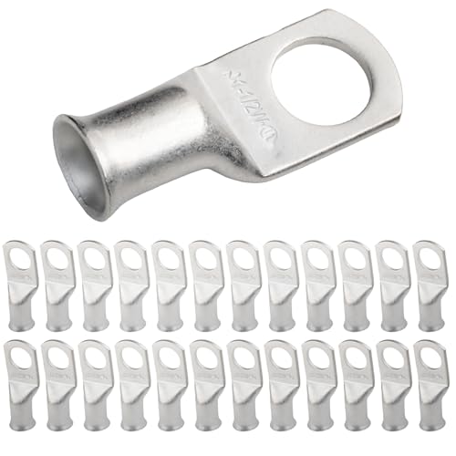 SELTERM 25pcs 1 AWG 1/2" Stud Marine Grade Tinned Copper Battery Cable Lugs, 1 Gauge Ring Terminals, UL Wire Lugs Electrical Battery Cable Ends, Tinned Copper Lugs Battery Terminal Connectors - color: Tinned Copper Lugs, size: 1 Awg - 1/2" (M12) Ring