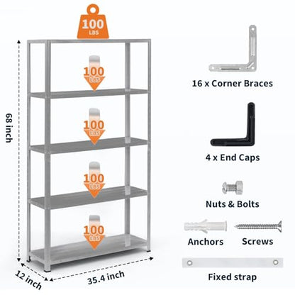 2500 LBS Capacity Heavy Duty Steel Shelving Unit, 5-Tier Garage Storage Shelves for Pantry, Basement, Kitchen, Laundry, Bathroom - Adjustable Metal Rack, 36 x 12 x 68 Inches - size: 68"D x 35.4"W x 12"H-Silver