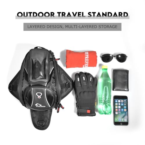 Motorcycle Tank Bag, Magnetic Motorcycle Tank Bag with Detachable Clear Phone Pouch and Rain Cover, Gas Tank Bag for Street and Touring Bikes, Black