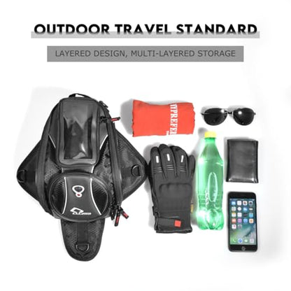 Motorcycle Tank Bag, Magnetic Motorcycle Tank Bag with Detachable Clear Phone Pouch and Rain Cover, Gas Tank Bag for Street and Touring Bikes, Black
