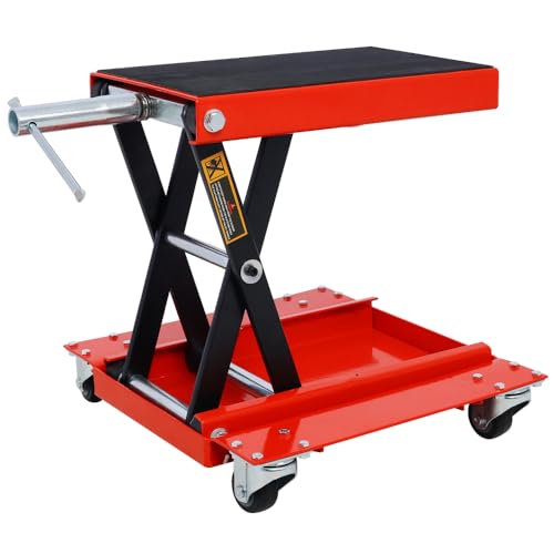 1100lb Heavy-Duty Motorcycle Lift Jack with Dolly Tray, Front Rear Center Tire Wheel Engine Stand Wide Deck - Scissor Lift for Cruisers, Trikes, ATVs - Portable, Red Steel Construction