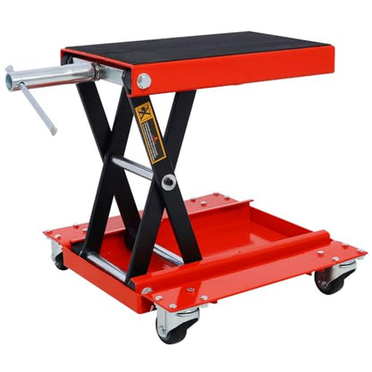 1100lb Heavy-Duty Motorcycle Lift Jack with Dolly Tray, Front Rear Center Tire Wheel Engine Stand Wide Deck - Scissor Lift for Cruisers, Trikes, ATVs - Portable, Red Steel Construction
