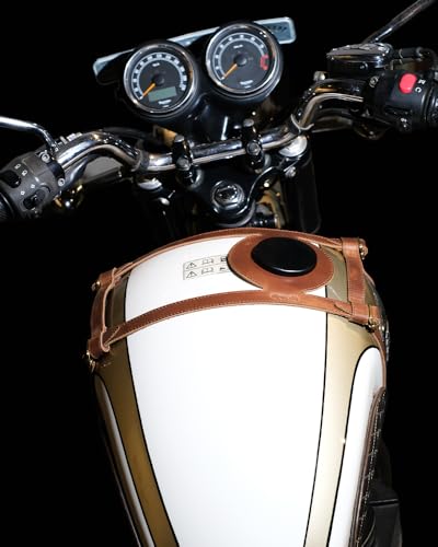 Trip Machine Company Genuine Leather Motorcycle Fuel Tank Strap – Heavy Duty Adjustable Horizontal Tank Mount Cover for Right Side Fuel Inlet Bikes (Only Tank Strap, Cognac) - color: Cognac, style: Only Tank STrap