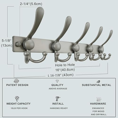 Dseap Coat Rack Wall Mount, Heavy Duty 12-Gauge Base vs Flimsy 1mm, Double-Thick Solid Anti-Snap Hooks, 16” Stud-Mount, Stainless Steel Hanger for Clothes Hat Entryway Closet Mudroom, Grey - color: Gray, size: L=17" (1pcs)