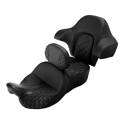 CC RIDER Gel Seat Driver Passenger Seat and Driver+ Tour Trunk Backrests Fit For Harley Touring 2014-2023 Street Glide Road Glide Road King Electra Glide,Black Hexagon - color: 23# Gel Black+ 2 Backrests
