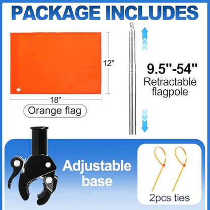 Orange Boat Flag with 53" Adjustable Pole - 12” x 18” Water Ski Flag with Stable Holder, Boat Safety Accessories for Watersports Wakeboarding