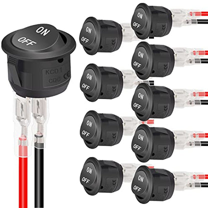 Twidec/10Pcs 12V Round Rocker Switch ON Off AC 6A/250V 10A/125V SPST 2 Pin 2 Position 12 Volt DC Circle Toggle Switch for Car Boat Automotive RV Black with Wires KCD1-5-101-ON-OFF - color: Black-Round-ON OFF-10PCS
