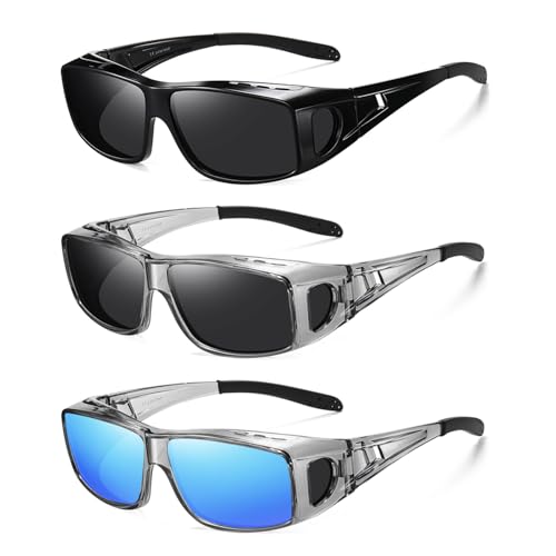 Wzerry Sunglasses Fit Over Glasses Polarized for Men Women, Wrap-Around Glasses UV400 Protection for Driving and Outdoor - color: Black/Grey + Transparent Grey/Grey + Transparent Grey/Blue
