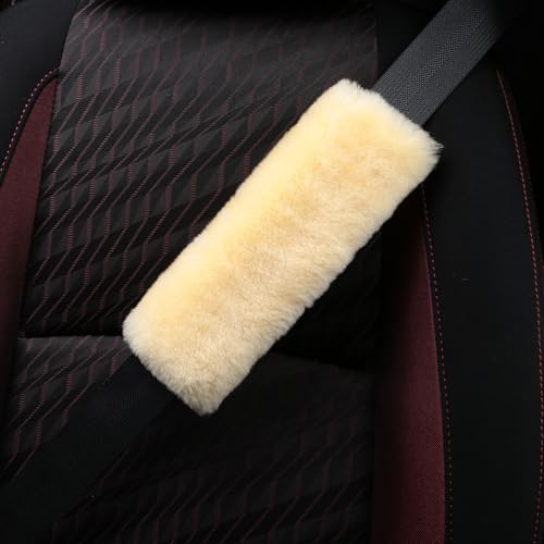 Soft & Cozy Australian Sheepskin Car Seat Belt Covers,2 Pack Fluffy Seatbelt Pads, Genunie Sheepskin Fur Shoulder Straps Cushions for Adults Kids Women and Men (Beige Yellow) - color: Beige Yellow