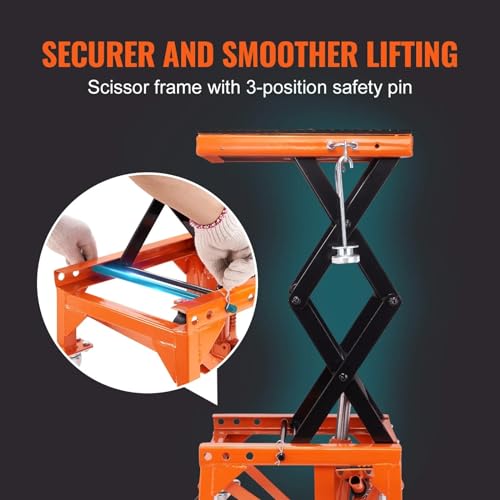 Hydraulic Motorcycle Lift Table, 350 LBS Capacity Motorcycle Scissor Jack Lift with Wide Deck, J-Hooks, 4 Wheels, Hydraulic Foot-Operated Jack Stand for ATV Dirt Bikes