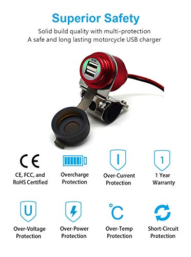 Cliff Top Motorcycle USB Charger Waterproof Dual USB Port 4A 20W Aluminium, with Magnetic Power Switch Heavy Duty for 7/8’’ and 1’’ Handlebars - Prevents Battery Drain (Red) - color: Red