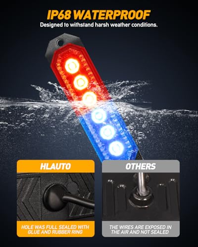 HLauto 406T Emergency Strobe Grille Lights: 4Pcs 6 LED Sync Feature Safety Warning Flashing Light, 12V-24V Ultra Slim Surface Mount Hazard Caution Light for Truck, Vehicle, Car, ATV, UTV (Red Blue) - color: Red/Blue