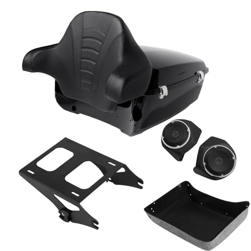 TCMT King Motorcycle Tour Trunk With Backrest 6.5" Speakers 2 Up Mount Rack Fit For Harley 2014-2025 Touring CVO Road King Road Glide Street Glide Electra Glide Ultra Limited Pack - color: Style A+Speakers#1+Black 2 Up Rack#1