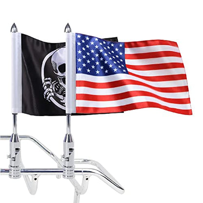 2X Motorcycle Foldable 90° Fag Flagpole Mount Fit for 1/2'' Tubular Luggage Rack For Harley Touring Spring Honda Goldwing etc with American Flag and Punk Skull Flag 6.7'' x 10.2'' Flag - color: US Flag+Punk Skull Flag