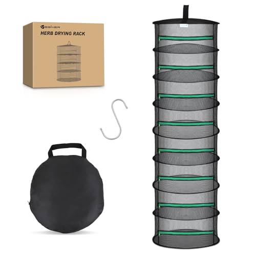 Yesker 8 Layer Herb Drying Rack Hanging Mesh Net Foldable Plant Drying Racks 24" Diameter with Green Zipper & Hook Dryer Hanging Rack for Herbs Seed Bud Fruit Clothes Grow Tent Closets Garden Outdoor - size: 8 Layers Fluorescent Green & Black with Hook