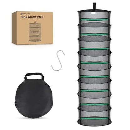 Yesker 8 Layer Herb Drying Rack Hanging Mesh Net Foldable Plant Drying Racks 24" Diameter with Green Zipper & Hook Dryer Hanging Rack for Herbs Seed Bud Fruit Clothes Grow Tent Closets Garden Outdoor - size: 8 Layers Fluorescent Green & Black with Hook