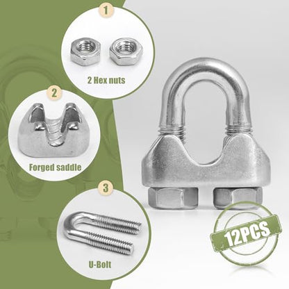 12pcs M5 Wire Rope Clamp, 3/16 inch Cable Clamps Stainless Steel Wire Rope Clips - size: M5