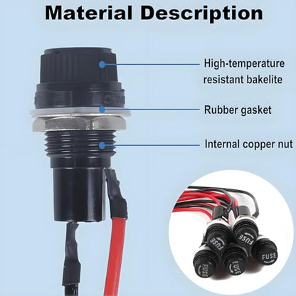 6 pcs Panel Mounted Fuse Holder 5x20mm 250VAC 10A/125VAC 15A with pre-Welded 18AWG Leads Measuring 6" Length, and 12pcs(6pcs*10A+6pcs*15A) Fast Blowing Glass Tube fuses - style: wired-5*20mm