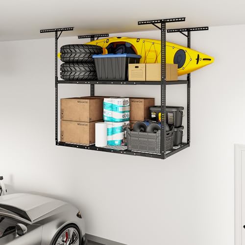 FLEXIMOUNTS 3x6ft 2-Tier Garage Ceiling Storage Rack, Adjustable Overhead Garage Storage System, Heavy Duty Metal Shelving, 880lbs Capacity, Ideal for 9–15ft High Ceilings, Black - color: Black, size: 2-Tier 3x6 ft