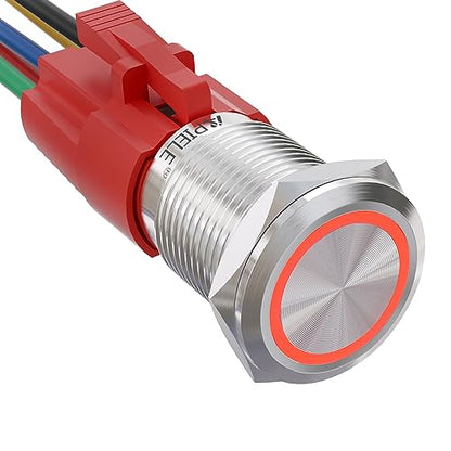 APIELE 16mm Latching Push Button Switch 12V On Off Stainless Steel with LED Angel Eye Head for 0.63" Mounting Hole with Wire Socket Plug Self-Locking(Red) - color: Silver Shell-Red, size: Silver Shell