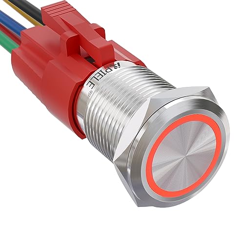 APIELE 16mm Latching Push Button Switch 12V On Off Stainless Steel with LED Angel Eye Head for 0.63" Mounting Hole with Wire Socket Plug Self-Locking(Red) - color: Silver Shell-Red, size: Silver Shell
