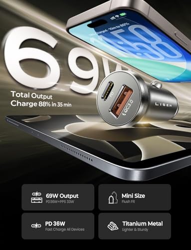 LISEN 69W Mini Cigarette Lighter Adapter Car Charger USB C Fast Charging, 12V Cigarette Lighter USB Car Charger Fast Charging Adapter, for iPhone 17 Pro Max 16 15 14 13 12 Plus Mini, Samsung S26 S25 - color: Black, size: 1 Pack