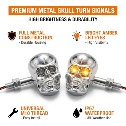 Motorcycle 10mm Screw Skull Head LED Amber Turn Signal Indicator Light (Chrome) - color: Chrome