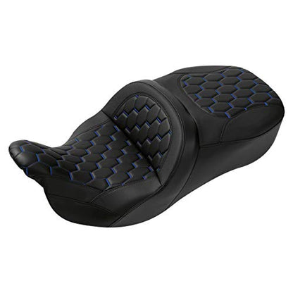 C.C. RIDER Leather Driver Passenger Seat - Fat Diamond Pro 2-Up One-Piece Seat fit for Harley Touring Road King FLHR Street Glide FLHX Road Glide FLTRX 2009-2023, Bagger Comb #Blue Stitching - color: Blue Stitching