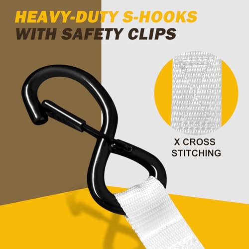 Heavy Duty 1" x 15' Ratchet Straps (4 Pack) - 2200 lb Break Strength with Soft Loops & Coated S-Hooks for Truck, Trailer, Motorcycle, ATV, UTV, Boat, Car Accessories (White) - color: White