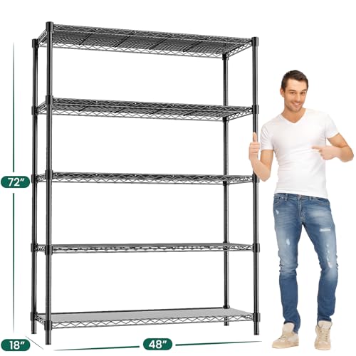 48" W Garage Shelving 1875LBS Heavy Duty Wire Shelving Unit, Metal 5-Tier Adjustable Steel Storage Rack with Liners, Storage Tote Rack, 48" W x 18" D x 72" H for Garage Commercial, Black - size: 48" W x 18" D x 72" H-5 Tier