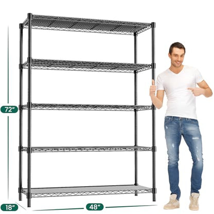 48" W Garage Shelving 1875LBS Heavy Duty Wire Shelving Unit, Metal 5-Tier Adjustable Steel Storage Rack with Liners, Storage Tote Rack, 48" W x 18" D x 72" H for Garage Commercial, Black - size: 48" W x 18" D x 72" H-5 Tier