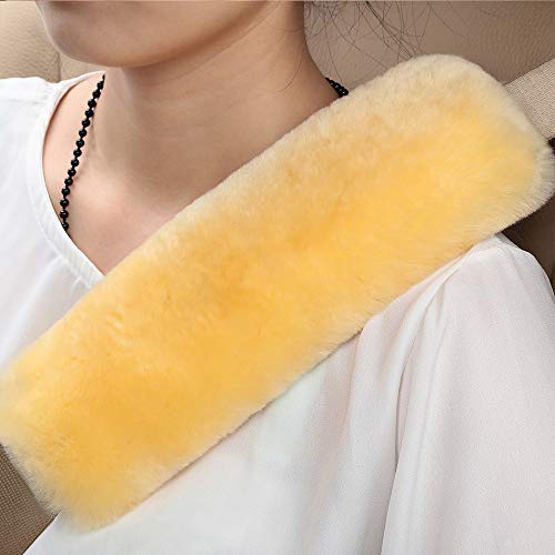 OGLAND 1 Piece Fur Comfort Authentic Fluffy Sheepskin Car Seat Belt Pads, Soft Texture Shoulder Neck Cushion Pad, Genuine Australia Merino Wool Seatbelt Cover (Golden Yellow) - color: Golden Yellow