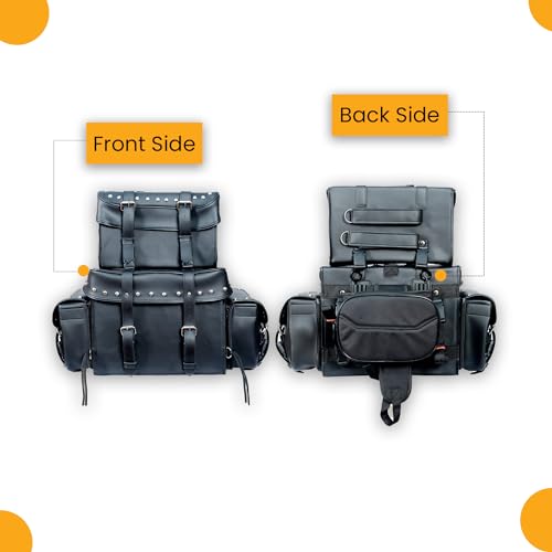 Leather Motorcycle Studded Sissy T Bar Bag - Weather Resistant Motorcycle 4 Piece Luggage Bag with Multiple Storage Compartments, Adjustable Mounting Rig, Removable Rain Cover (Black)