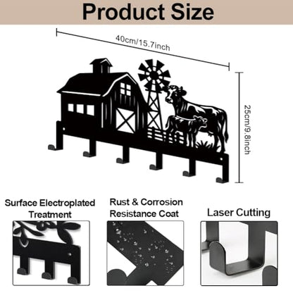 MAYJOYDIY Farmhouse Metal Key Hook Cows Livestock Coat Rack Wall Mounted 15.7×9.8inch Art Wall Decor Key Holder Organizer Rack with 6 Hooks for Gift Coats Hats Towels Bags Hanging - style: Farmhouse