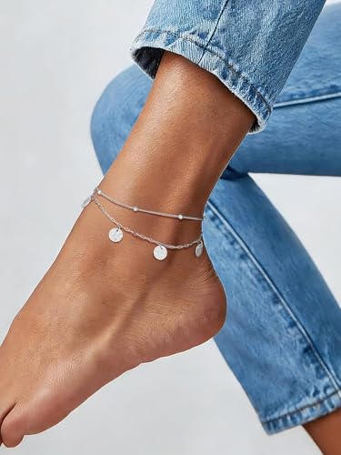 U7 Silver/Gold Ankle Bracelets for Women Layered Chain Anklets Stainless Steel Waterproof Summer Beach Anklet Cham, Adjustable 8.5"-10.5" - color: Silver - Ball Chain+Paperclip Chain