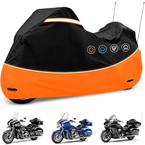 Heavy Duty Waterproof Motorcycle Cover with Side & Top Box Reflective Strips for Harley Ultra Limited Ultra Classic Road Glide Electra Glide, 110" L x 43" W x 55" H,Black & Orange - size: Side+Top Box