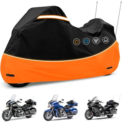 Heavy Duty Waterproof Motorcycle Cover with Side & Top Box Reflective Strips for Harley Ultra Limited Ultra Classic Road Glide Electra Glide, 110" L x 43" W x 55" H,Black & Orange - size: Side+Top Box