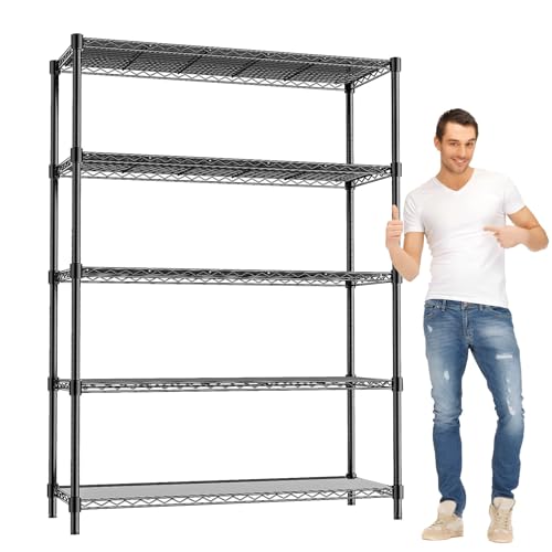 48" W Garage Shelving 1875LBS Heavy Duty Wire Shelving Unit, Metal 5-Tier Adjustable Steel Storage Rack with Liners, Storage Tote Rack, 48" W x 18" D x 72" H for Garage Commercial, Black - size: 48" W x 18" D x 72" H-5 Tier