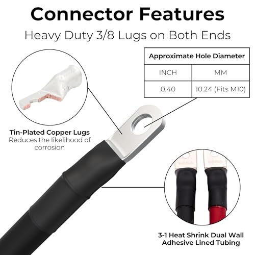 2 AWG Battery Cables with Terminals, Positive and Negative Wires Pure Copper, Auto, Solar Power Inverter, Welding, Golf Cart, Motorcycle (Red and Black, 1.5 FT (18 in), 3/8" Lugs on Both Ends, 2pcs) - color: Red and Black, size: 1.5 FT 3/8" Lugs