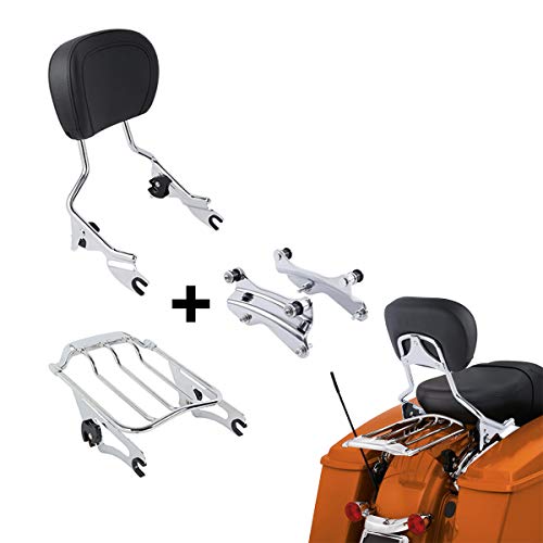 XFMT Detachable Sissy Bar Passenger Backrest Pad W/Luggage Rack & 4-Point Docking Hardware Kits Fit For Harley Air-Wing Touring Road King Street Glide Road Glide Electra Glide 2014-Later, Chrome - color: Chrome Air Wing Luggage Rack, size: For Harley Tour
