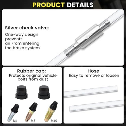 4 Pcs Universal Brake Bleeder Hose Kit with One-Way Check Valve, Rubber Brake Bleeder Hose, Brake System Bleeding Tools for Car, Motorcycle, Includes Fixing Clips & Rubber Caps